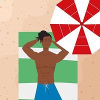 view aerial, man afro in shorts lying down, tanning on towel, with umbrella, summer vacation season vector