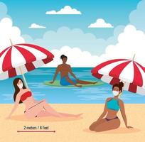 distanciamiento social en la playa, la gente mantiene la distancia usando máscara médica, nuevo concepto normal de playa de verano después del coronavirus o covid 19 vector