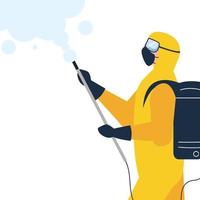 Persona con traje de protección o ropa de color amarillo, rociar para limpiar y desinfectar el virus, enfermedad covid 19 sobre fondo blanco. vector