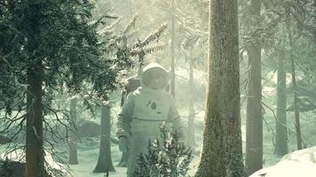 Astronaut exploring forest in snow video