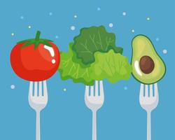 tomato lettuce and avocado on fork vector design