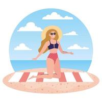 mujer con traje de baño sentada en la toalla, en la playa, temporada de vacaciones vector
