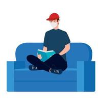 hombre con máscara leyendo un libro en el diseño de vector de sofá