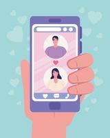 hand holding smartphone with woman and man chatting vector design