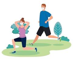 Social distancing between man and woman with masks running at park vector design