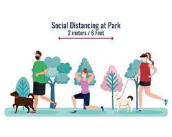 Social distancing between man and women with masks running at park vector design