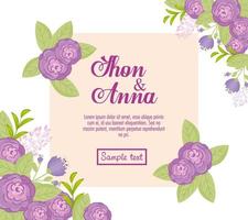 Wedding invitation with purple flowers and leaves vector design