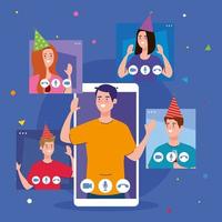 man on smartphone and people with party hats on screens vector design