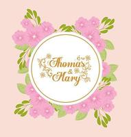 Wedding invitation with pink flowers and leaves vector design