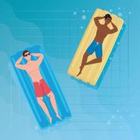 hombres acostados en un flotador inflable en pantalones cortos, en la piscina, temporada de vacaciones de verano vector