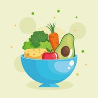 avocado lettuce carrot cheese and apple inside bowl vector design