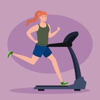 sport, woman running on treadmill, sport person at the electrical training machine vector