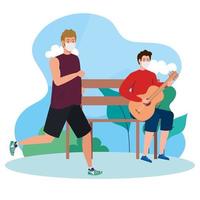 men doing activities on outdoor wearing medical mask, playing guitar and running wearing medical mask vector