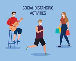 social distancing activities, people doing activities, keep distance in public society to protect from covid 19 vector
