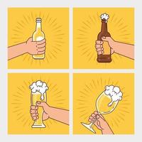 hands holding bottles, glass and cup of beers, on yellow background vector