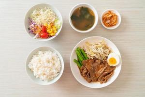 stir-fry Teriyaki Pork with sesame seeds ,mung bean sprouts, boiled egg and rice set photo