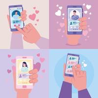 hands holding smartphones with woman and men chatting vector design