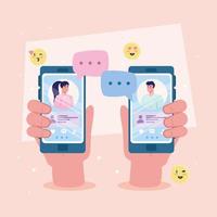 hands holding smartphones with woman and man chatting vector design
