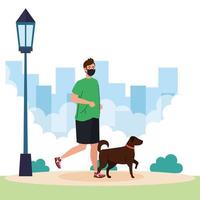 hombre con máscara corriendo con perro en el diseño del vector del parque