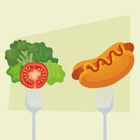 lettuce tomato and hot dog on fork vector design