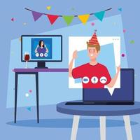 man with party hat at laptop on table vector design