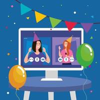 women with party hats at computer on table vector design