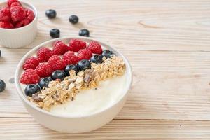 homemade yogurt bowl with raspberry, blueberry and granola photo