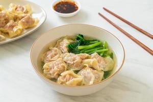 pork wonton soup or pork dumplings soup with vegetable photo