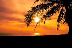 puesta de sol de playa tropical con cielo naranja foto