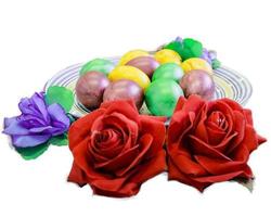 lots of beautiful colorful Easter eggs on a plate photo