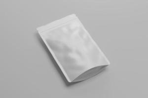 Set of blank, white or Stand-up package mockups, stand isolated, 3d rendering. Empty stand-up pouch mock up, side view. Clear flexible pack with tea or coffee templates and more photo