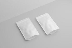 Set of blank, white or Stand-up package mockups, stand isolated, 3d rendering. Empty stand-up pouch mock up, side view. Clear flexible pack with tea or coffee templates and more photo