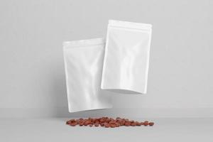 Set of blank, white or Stand-up package mockups, stand isolated, 3d rendering. Empty stand-up pouch mock up, side view. Clear flexible pack with tea or coffee templates and more photo