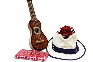 Acoustic guitar and red rose flower, isolated on white photo