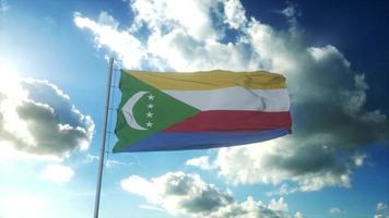 Flag of Comoros waving at wind against beautiful blue sky. 3d rendering photo