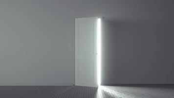 Door opens and a bright light flooding a dark room. Can be used as illustration for hope and freedom. 3d rendering photo