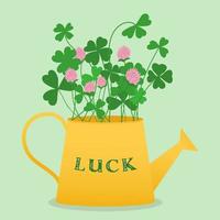 Bouquet of Clover in a yellow watering can with the inscription LUCK. St.Patricks Day. vector
