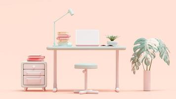 Pink laptop on green work desk with storage shelves placed and plant on the side. Designed in pastel tones, 3D Render.