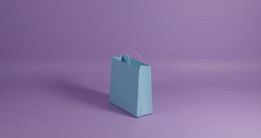 bolsa de compras azul aislado sobre fondo púrpura. representación 3d foto