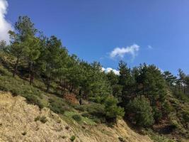 cielo azul nubes blancas en la colina, montaña con vistas a los árboles. foto