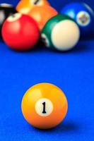 Different points of view billiard balls on a blue pool table. photo