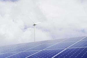 Wind turbines and solar panels, renewable energy. photo