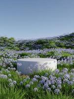 podio en el campo de flores púrpura natural 3d renderizar ilustración foto
