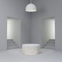 Cylindrical marble podium in hallway 3D render illustration