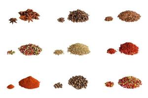 Spices and herbs on old kitchen table. Food and cuisine ingredients photo