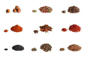 Spices and herbs on old kitchen table. Food and cuisine ingredients photo