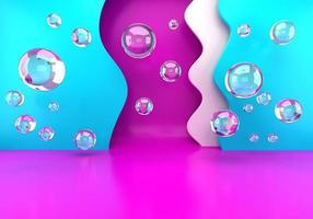 Podium with soap bubbles. Pastel gradients luxury podium for your design with paper waves. Fashion show stage. 3d. photo