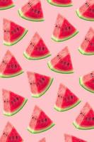 Watermelon cut into small pieces with shell are arranged on pink background.