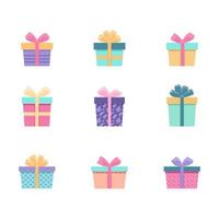 Set of colored gift boxes with ribbon. Beautiful festive packaging for Birthday, Christmas. vector