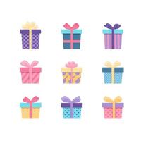 Set of colored gift boxes with ribbon. Beautiful festive packaging for Birthday, Christmas. vector
